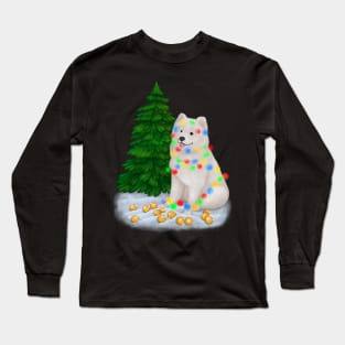 White fluffy Samoyed dog tangled in multicolored fairy lights Long Sleeve T-Shirt